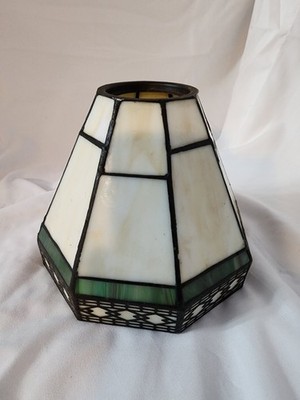 Stained Glass Hexagonal Lamp Shade White Green Geometric 6'' Diameter 3'' Width