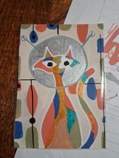 ACEO Original Retro Space Cat Art Card Hand Drawn Acrylic