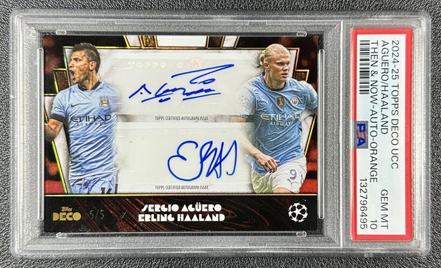 ERLING HAALAND SERGIO AGUERO PSA 10 2024 TOPPS DECO UCC THEN NOW AUTO ORANGE 5/5