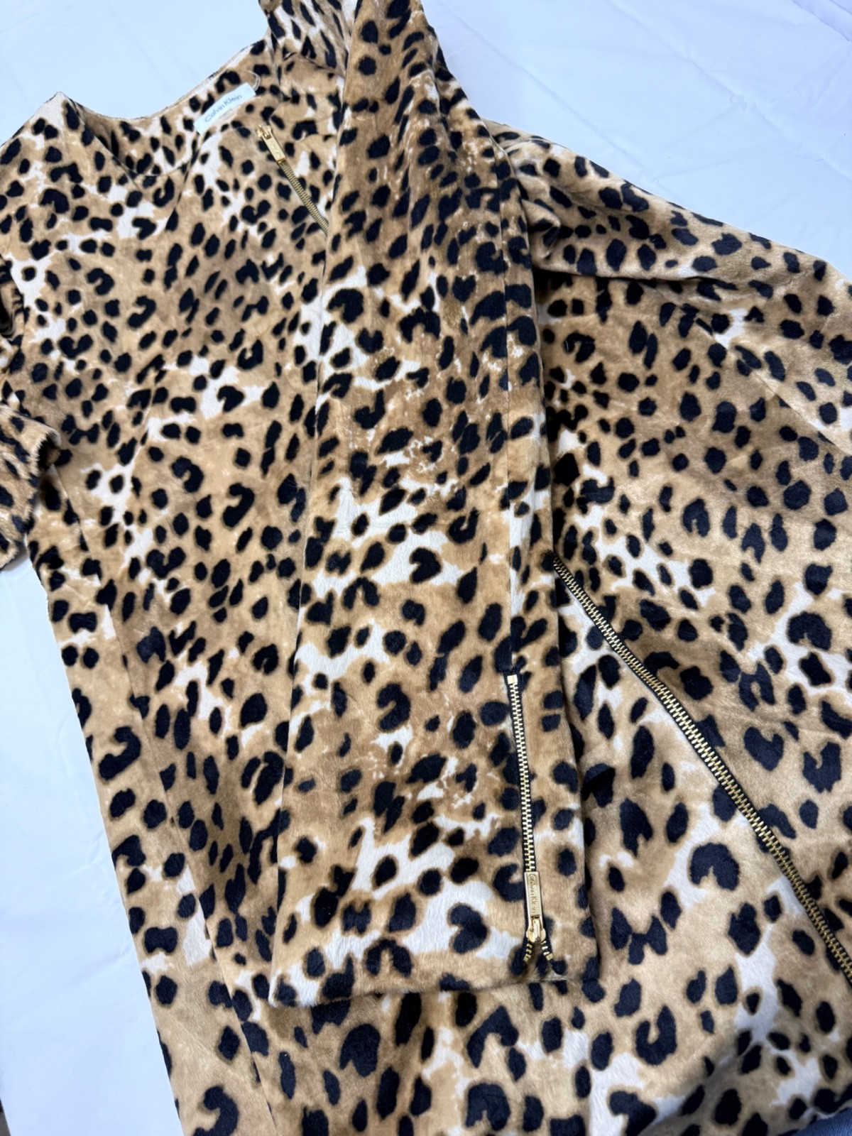 Calvin Klein Large L Leopard Print Jacket Women's M2JCZ122 Gold Zip Coat Soft image 3