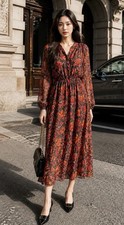 Ophelia Roe Women's Long Sleeve Floral Midi Dress in Black with Red & Orange Med