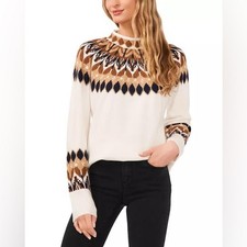 CeCe Fair Isle Funnel Neck Knit Sweater Cream Brown Long Sleeve Women  s XXL