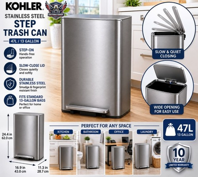 #ad KOHLER 47L 13 Gallon Stainless Steel Step Trash Can Soft Close Fingerprint Res $93.55