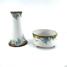 Antique Nippon Hand Painted Porcelain Vase & Footed Bowl Set Blue Floral Gold