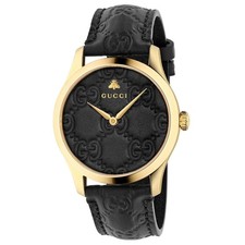 Gucci G-Timeless SWISS Quartz Gold Tone Black Leather Unisex Watch YA1264034