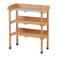 Outdoor Wooden Potting Bench Table with Metal Tabletop,3 Layers Outdoor Work Ben