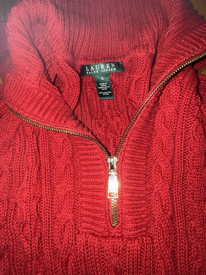 LAUREN RALPH LAUREN Women’s Red Cotton Cable Knit Collared Sweater Size Small - Image 2 of 4