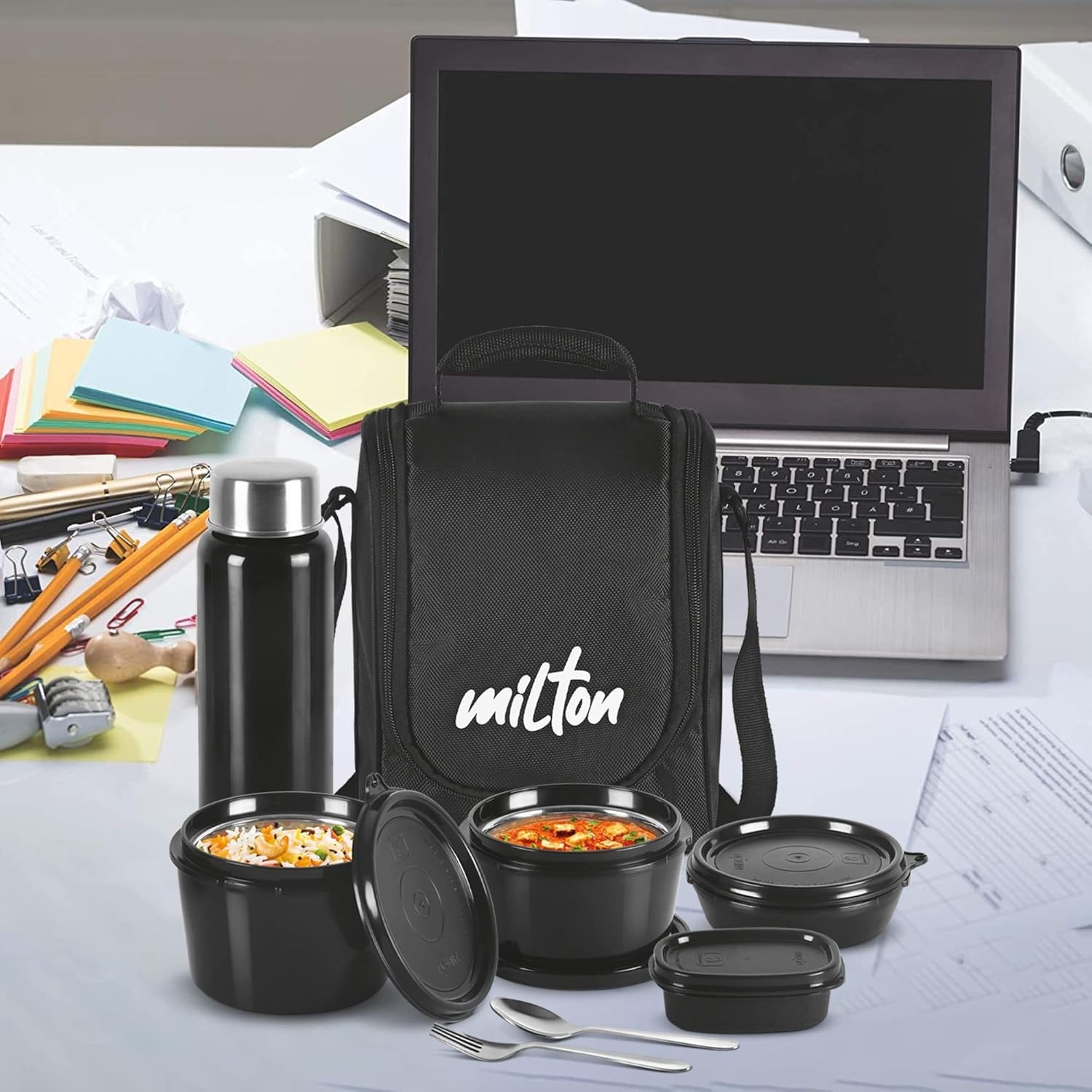 MILTON Pro Lunch Box with Steel Cutlery, 3 Microwave Safe Inner Steel Containers