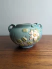 Vintage 1940s Roseville Blue Vase White Rose Pattern - 653-4" -  USA Art Pottery