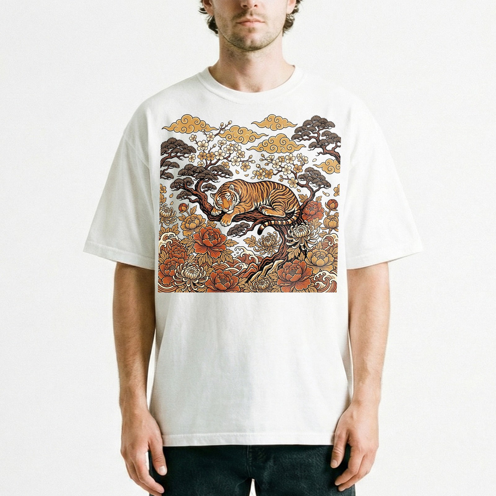 Sleeping Tiger Peonies Clouds Japanese Vintage Style t-shirt Asian Style Tee