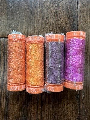 New - SEWING THREAD LOT- 4 Small Spools-Aurifil Cotton 50wt Purple, Orange VTG