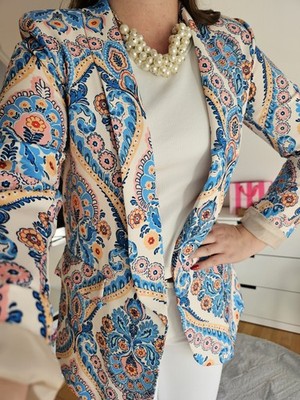   Blogger Italy Moda Blazer Longblazer Jäckchen Jacke blau bunt geblümt Uni NEU 