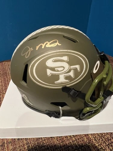 JOE MONTANA AUTOGRAPHED 49ers SALUTE TO SERVICE STS MINI HELMET JSA COA
