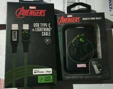 Marvel Super Hero Phone Accessory Bundle Magnetic Wallet/IPhone Cord/Spinpops