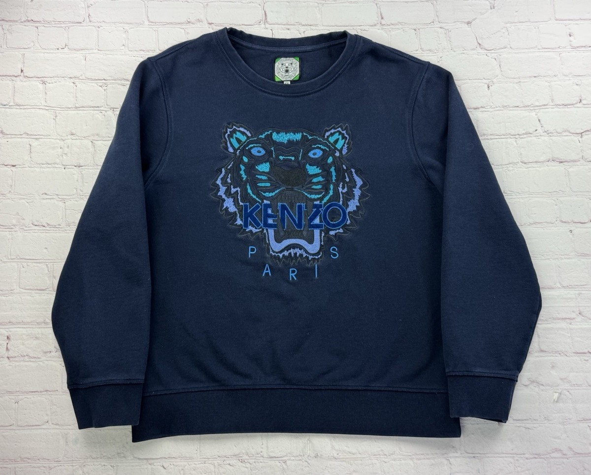 Kenzo Paris Jungle Sweater Womens XXL Blue Embroidered Tiger 