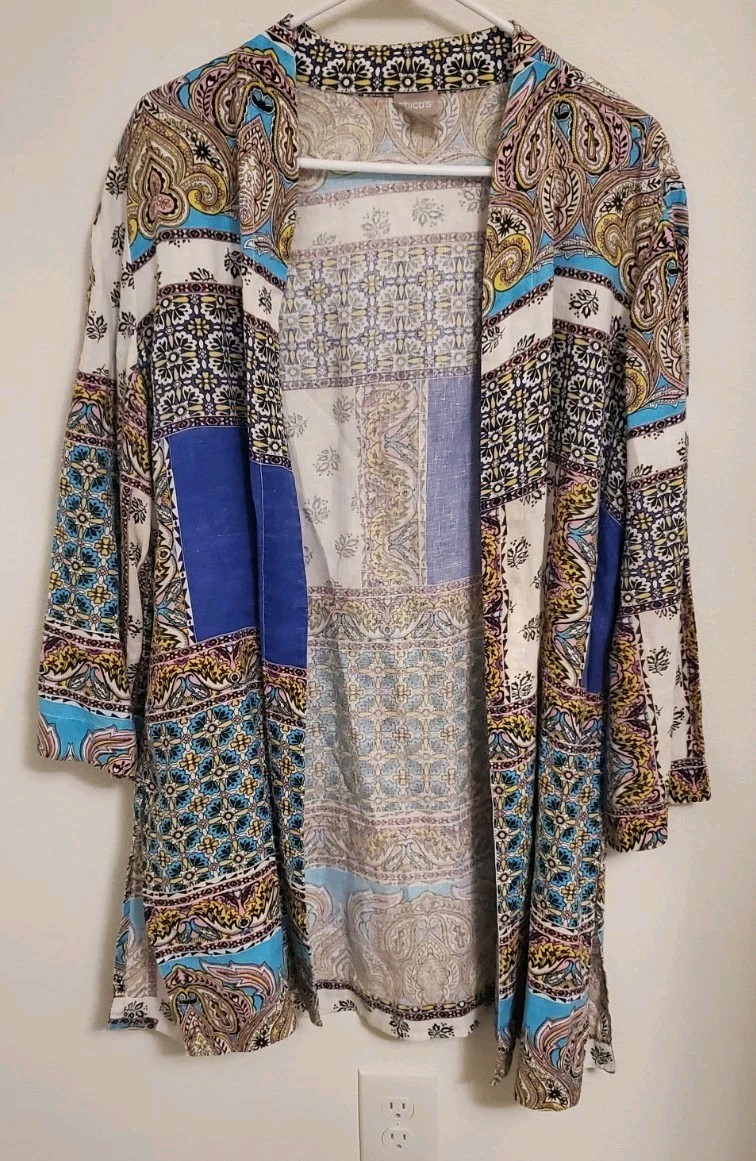 Chico's Printed Patchwork Boho Linen Topper Jacke… - image 1