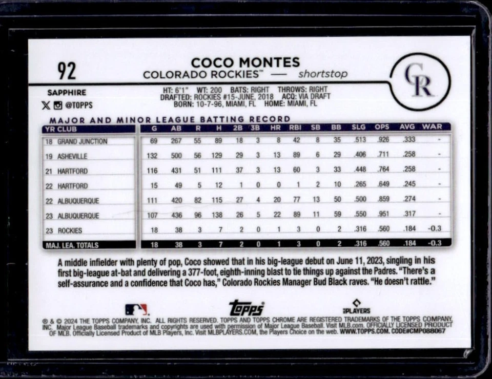 2024 Topps Chrome Sapphire Coco Montes RC Black Refractor Rookie #3/10 Rockies - Image 2 of 2