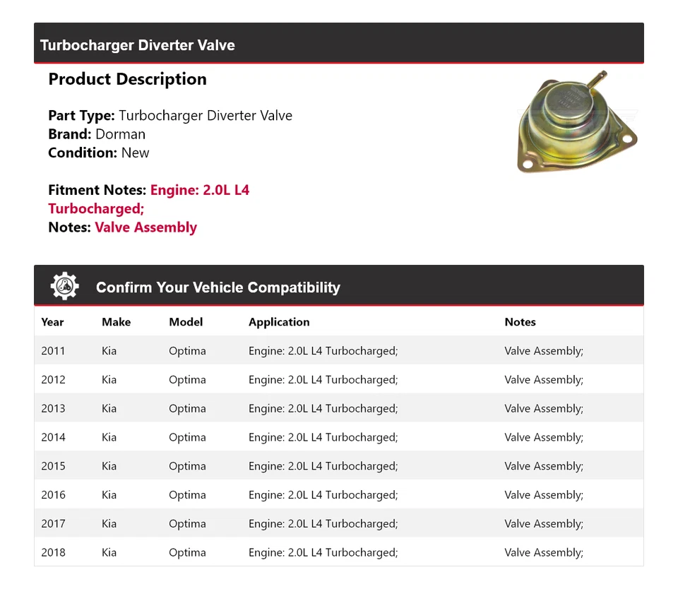 Válvula desviadora turbocompressor Kia Optima Dorman 2011-2018 2012 2013 2014 2015 - Imagem 2 de 4