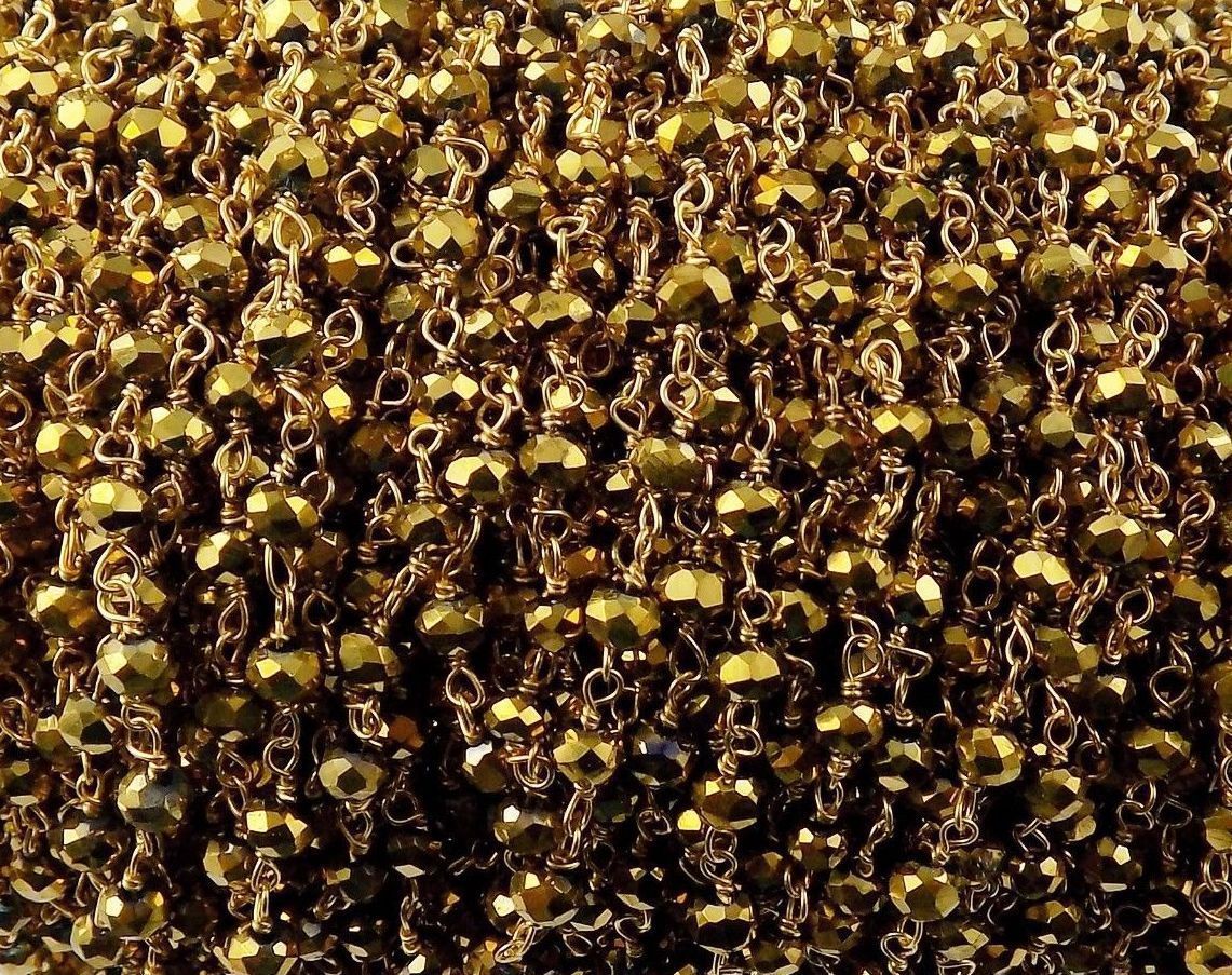 Gold Coated Quartz Rondelle Faceted 3-4mm Beads, Rosary Beaded Gold Chain 6 Feet