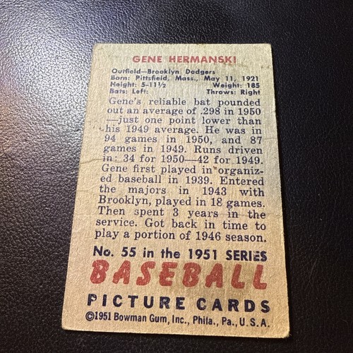 1951 Bowman #55 Gene Hermanski Dodgers - Picture 2 of 2