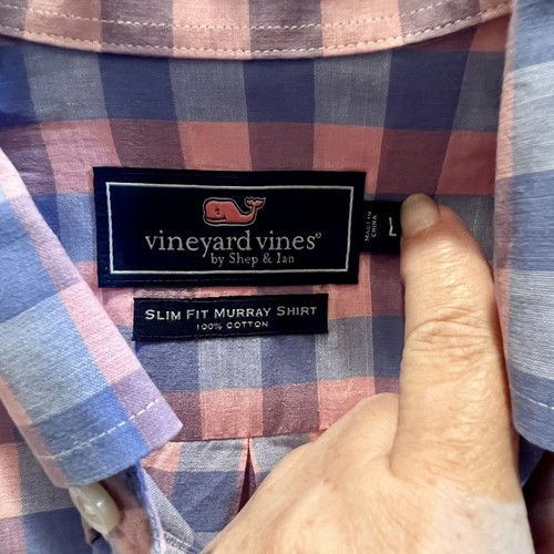 Vineyard Vines Murray Shirt Mens Large Blue Pink Check Slim Whale Long Sleeve - Picture 3 of 12