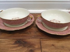2 set(s) Haviland "Mezzatint Pink band floral scallop 2 handle cream cups saucer