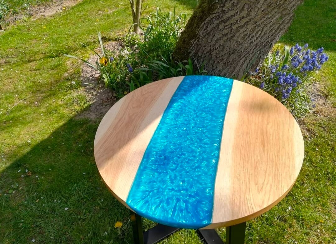 36x36 Blue Round Epoxy Coffee Table Handmade Wooden Decor