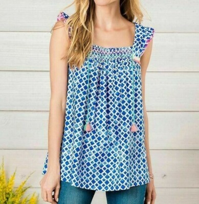 Matilda Jane WANDERING WATERS Top Woven Boho Tunic Blue Women S M NWT