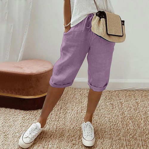 Womens Fashion Solid Large Pocket Elastic Casual Pants Pocket Capris - Picture 25 of 30