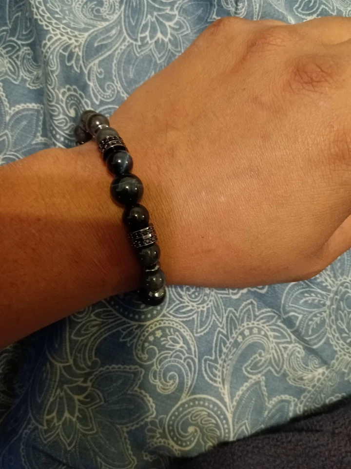 Pulsera elástica ojo de tigre azul, labradorita negra, hematita, gemas naturales Foto 3 de 4