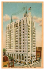 Flint, MI - View of Union Industrial Bank Building Linen Postcard Posted