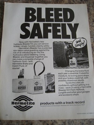 HERMETITE ENTLÜFTEN SICHER UND EINFACH BREMSFLÜSSIGKEIT WECHSELN 1977 WERBUNG A4 FEILE 44