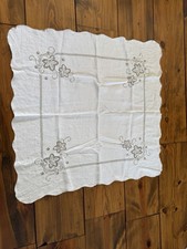 Vintage Linen Ecru Table Topper Brown Stitch Floral Scallop Edge