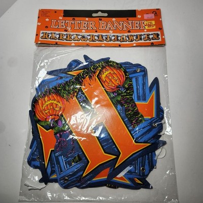 Vtg HAPPY HALLOWEEN BANNER by AMSCAN jack o'lanterns ghosts black cats tombstone
