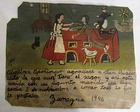 VTG 1946 HP MEXICAN TIN RETABLO SAN PASCUAL BAILON GIVES TASTE TO WOMAN COOKING