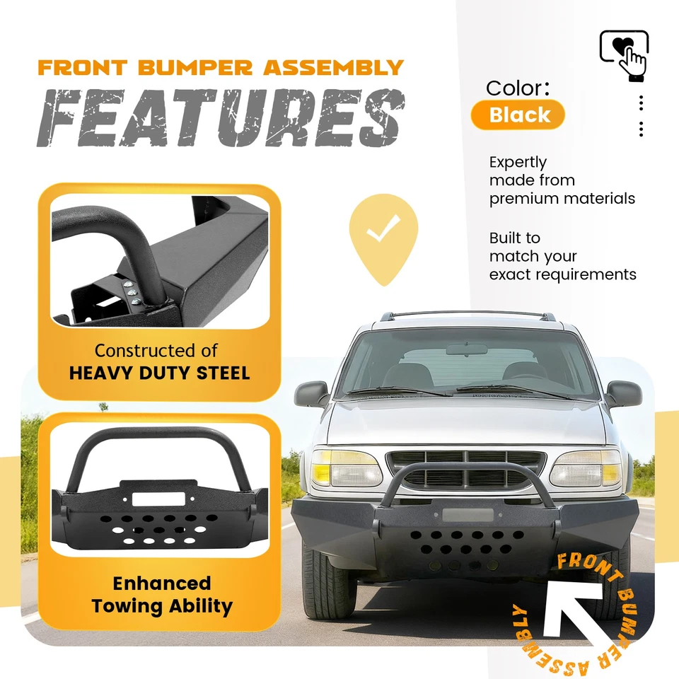 For Ford Explorer 1995-2003 Black Steel Modular Winch Front Bumper with Bullbar Foto 3 de 4