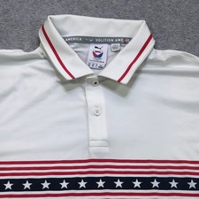 Puma Polo Shirt Mens Medium White Red Blue Stripe Golf Performance Logo Stretch