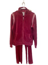 Retro Women s NYL Velour Red Track Suit Two Stripes Medium Y2K Funnel Neck