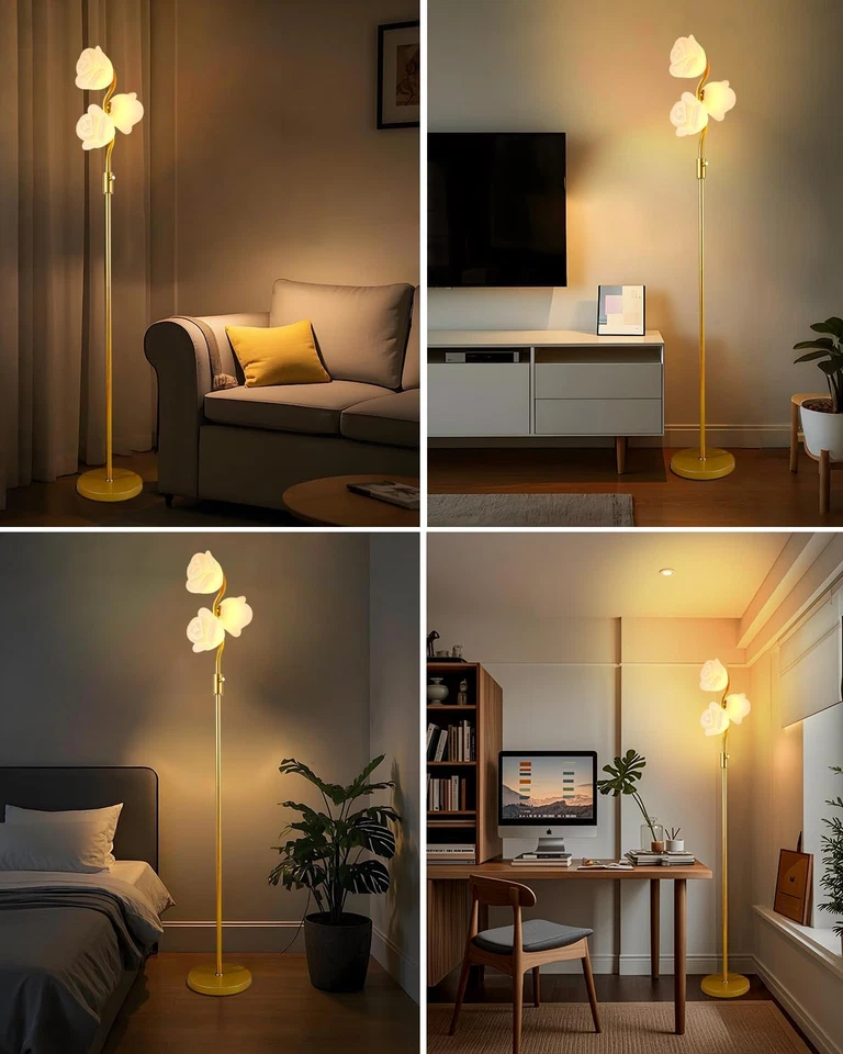 Lámpara de pie con flores doradas regulable continuamente moderna de mediados de siglo lámpara de pie floral Foto 2 de 4