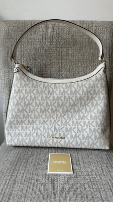 Michael Kors White Vanilla MK Signature Shoulder Hobo Bag Gold Tone Purse- NWT