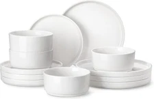 12 Pieces Porcelain Dinnerware Set, Modern White Dish Set for 4, Premium Plates