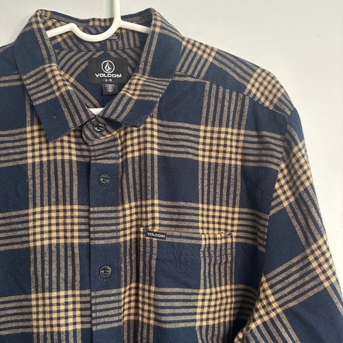 Volcom Caden Plaid Shirt Navy Blue and Tan Casual Button Down Shirt XL Flannel - Picture 7 of 10