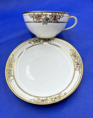 Antique Noritake Nippon M Morimura Hand Painted Tea Cup & Saucer Floral Gold VTG