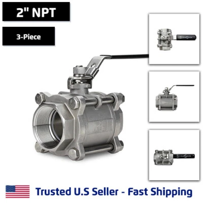 ATLANTIC VALVES 2" 3-Piece Full Port Ball Valve, Stainless Steel, FNPT Threaded SS, 1000 WOG
