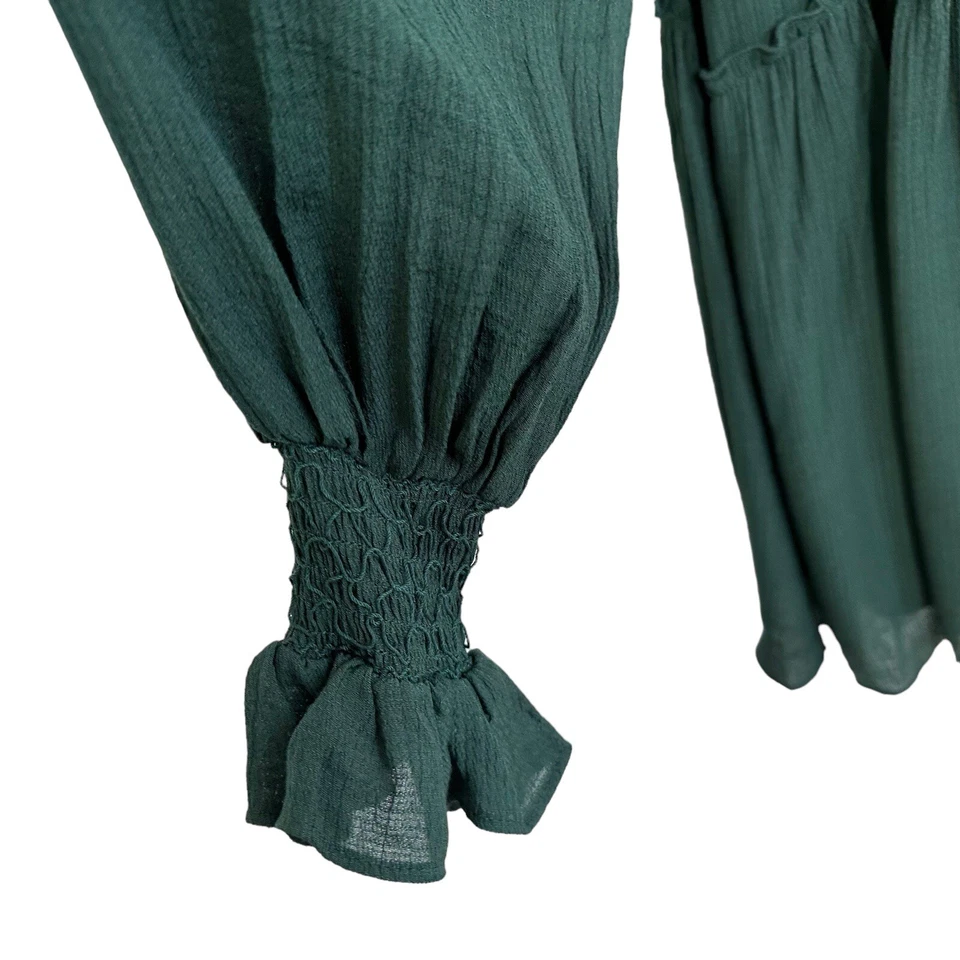 Mini Vestido Moon River Para Mujer Manga Larga Calado en Niveles Talla Pequeña Verde Esmeralda Foto 4 de 4