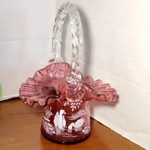 Vintage Fenton Glass Cranberry Rufflled Top Basket   The Swans Ltd Edt