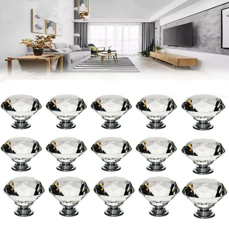 8/16/24/32X Crystal Diamond Door Knobs- Cupboard Drawer Cabinet Furniture Handle - Image 2 of 4