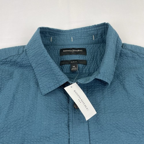 Banana Republic Textured Button Up Shirt Mens XL Slim Fit Blue Short Sleeve NEW - Picture 5 of 8