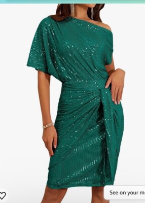 Grace Karin Size M Green Sequins One Shoulder Party Dress Waist Tie Short  Sleeve | eBay