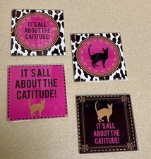 CATITUDE 4 Glass Coasters New (Mod Paws) & Handmade Pink/BW Reversible Lap Throw